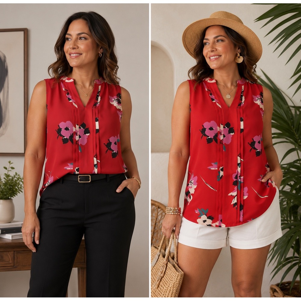 Hawthorne Sleeveless Top XS Red Floral Split Neck Career Office Flowy Vacation